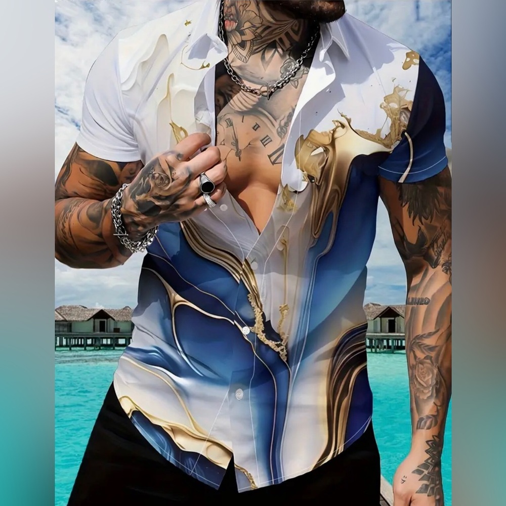 Men’s Marbleized Swirl Button Down Short Sleeve Shirt (XXL)